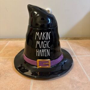 Rae Dunn MAKIN MAGIC HAPPEN Halloween Witch Hat Cookie Jar, Black W/purple Band